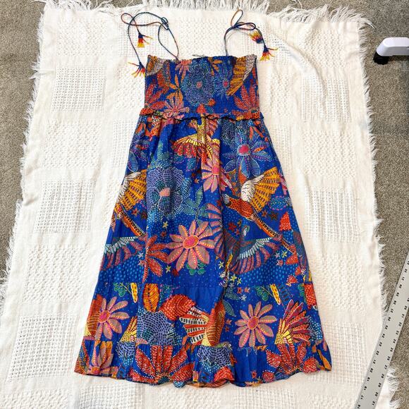 Farm Rio medium smocked poplin tropical beaded tie strap dress D1 2629 - Picture 5 of 9